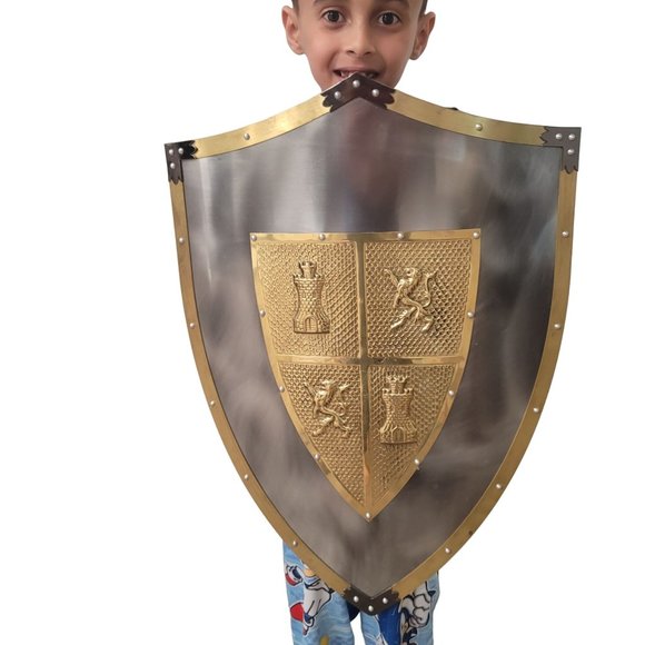 welded metal knights shield crests gold and metallic silver rivets wall decor - Picture 7 of 7